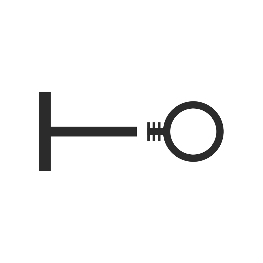 Side view: internally threaded labret. A flat disc back, a 16g post, and a threaded end shown separated, its screw thread marked.